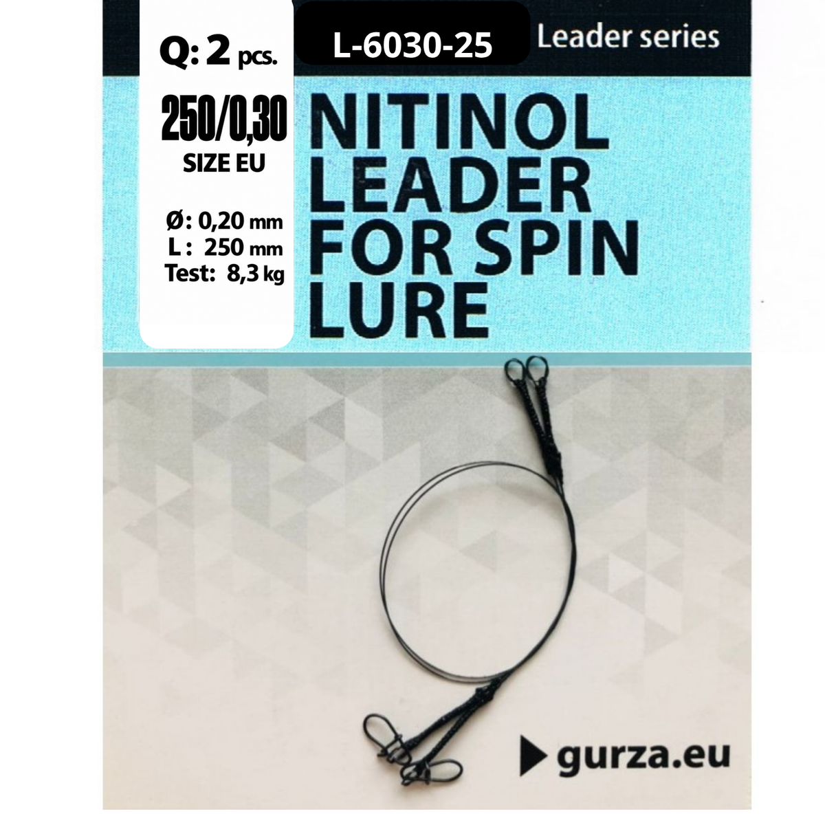 Nitinol Leaders for Spin Lures, 9.84 in (250 mm) long with 0.0118 in (0.30 mm) nickel-titanium wire, shown in two-pack packaging.