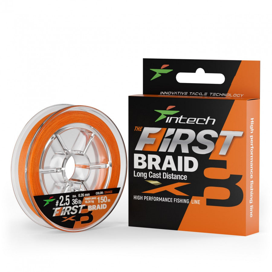 Intech First Braid X8 orange braided line package with open spool beside it