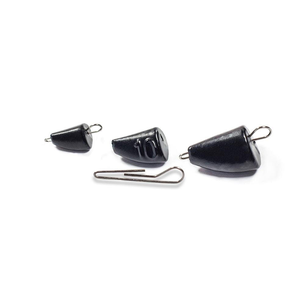 Black bullet-style quick-change fishing weights with removable clips