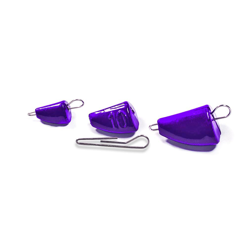 Purple bullet-style quick-change fishing weights with removable clips