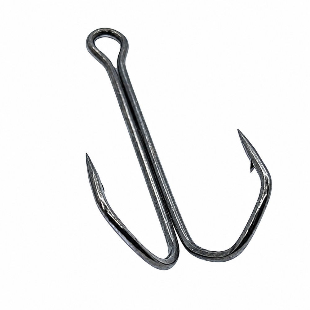 Tournament Barbarian Double Hooks DFB-23BN black double fishing hook close-up on white background