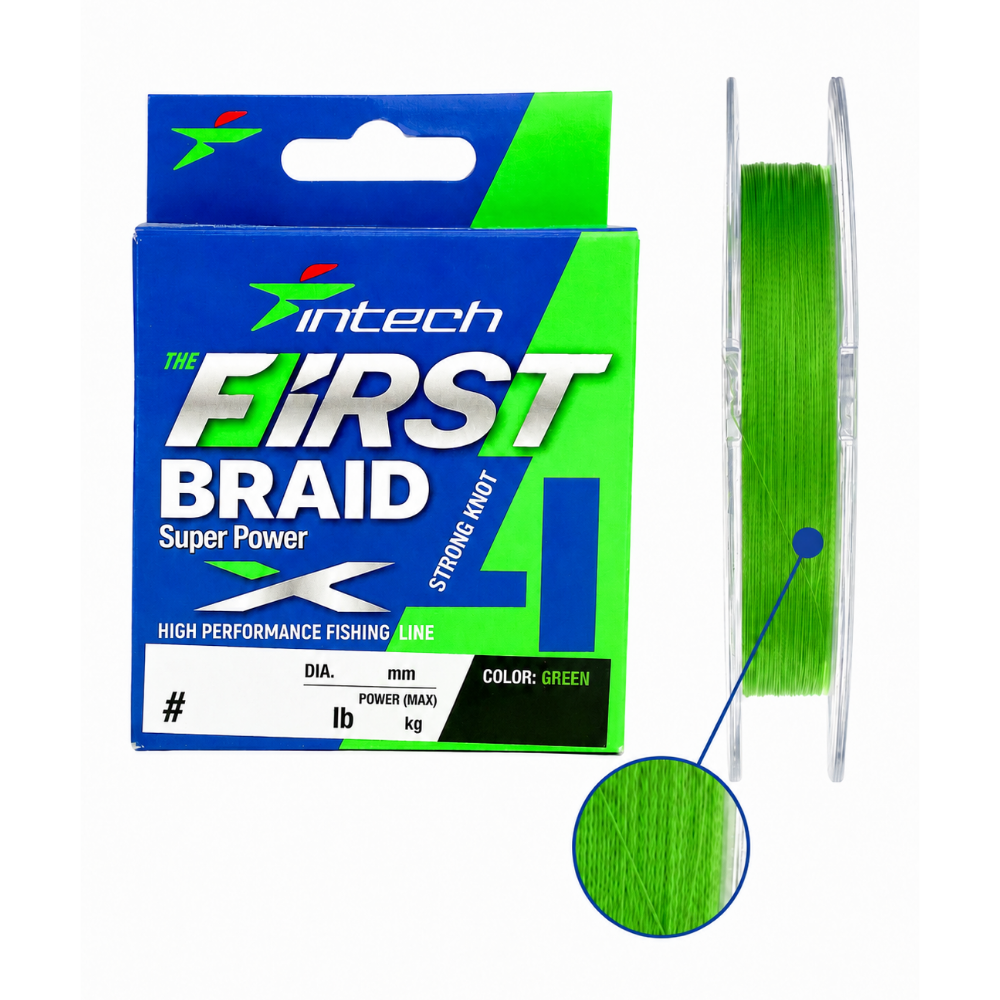 Intech First Braid fishing line package in blue and green, shown next to a spool of bright green line with a circular close-up inset of the thread texture.