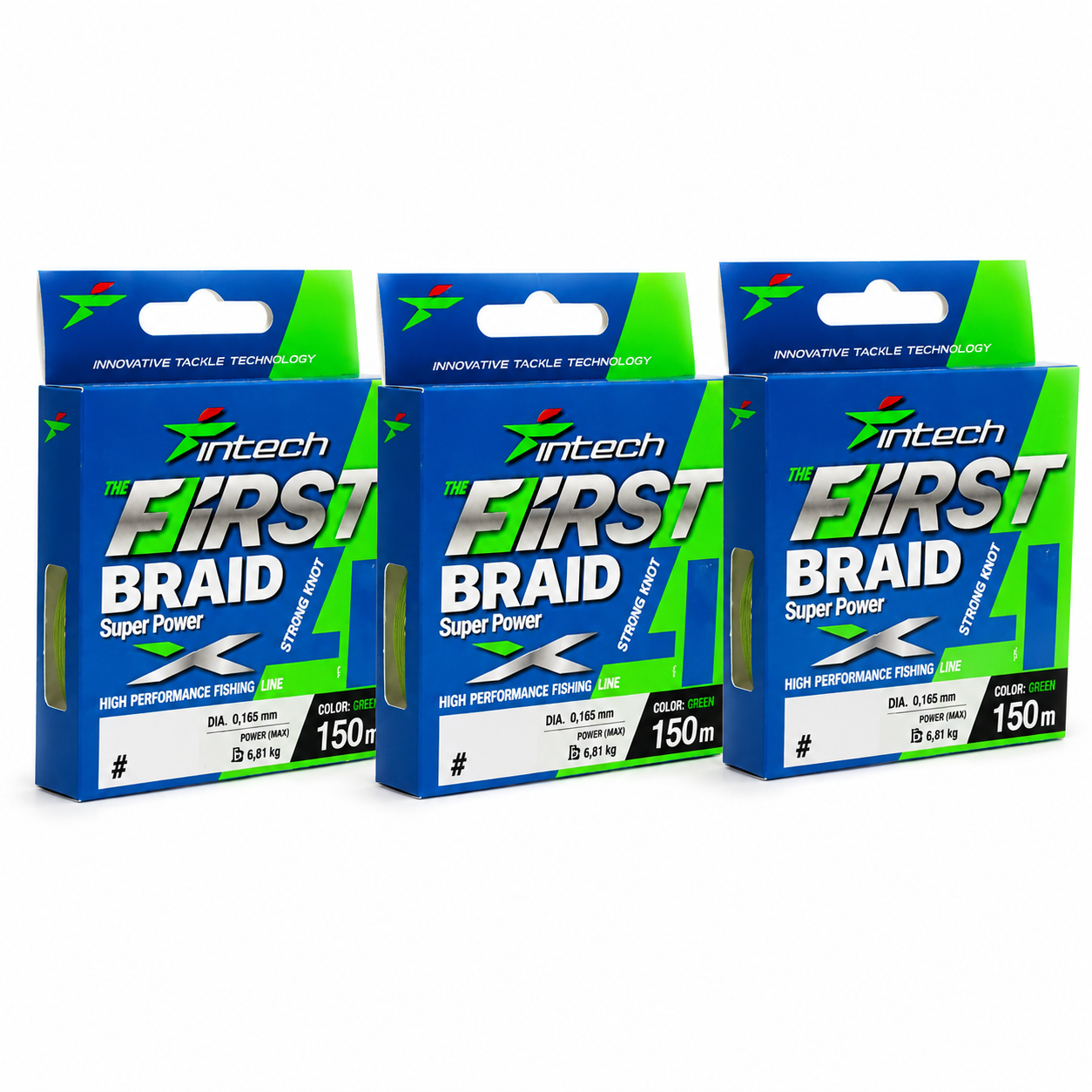 Three boxes of Intech First Braid Super Power fishing line in color 150m, arranged side by side on a white background.