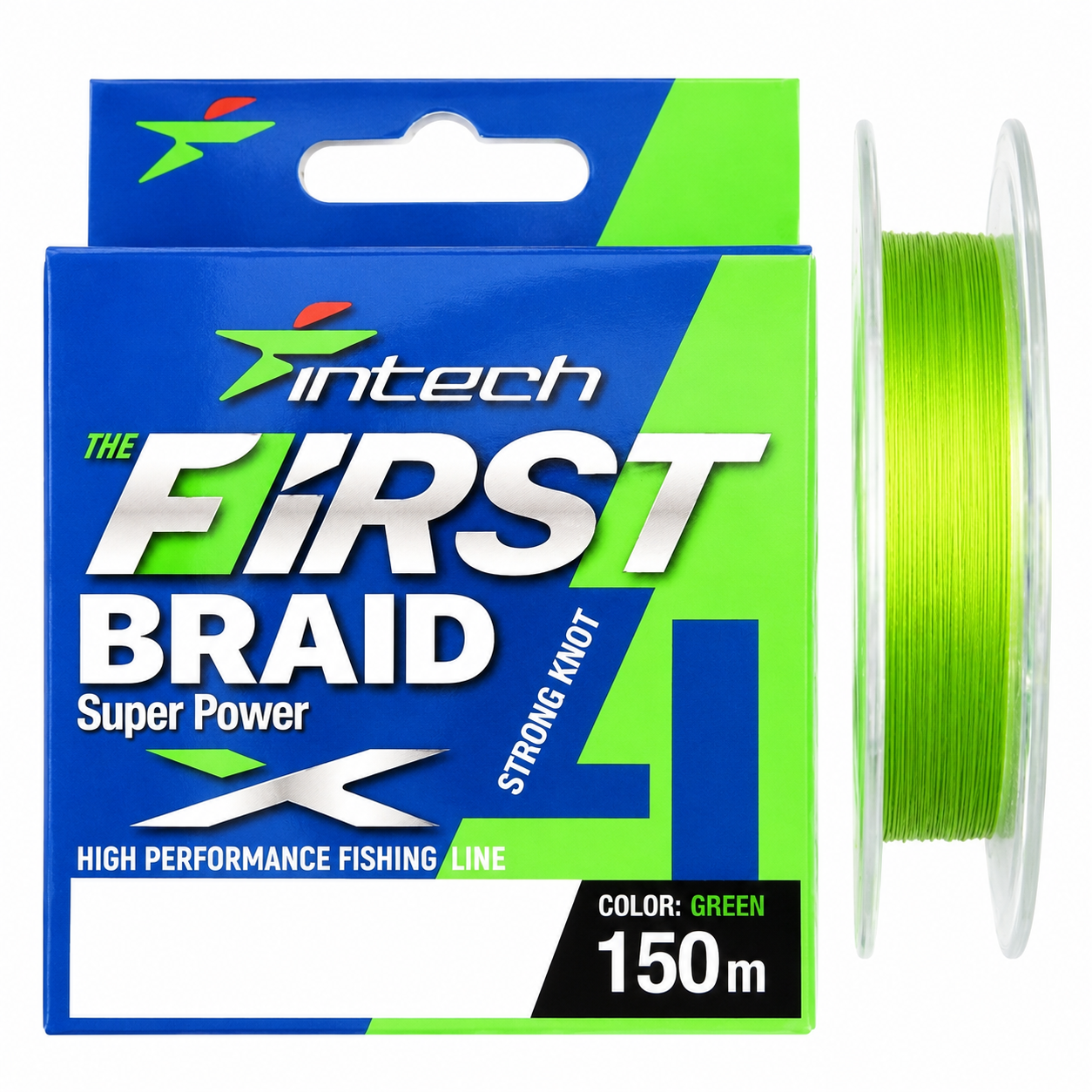 Intech First Braid fishing line package shown next to a spool of bright green line on a white background.