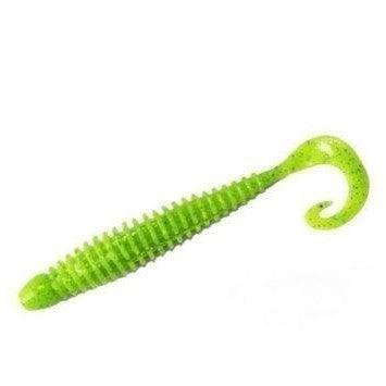 TurboRib 3-inch Lime Green Glitter ribbed twister grub soft plastic lure with curly-tail action on white background.