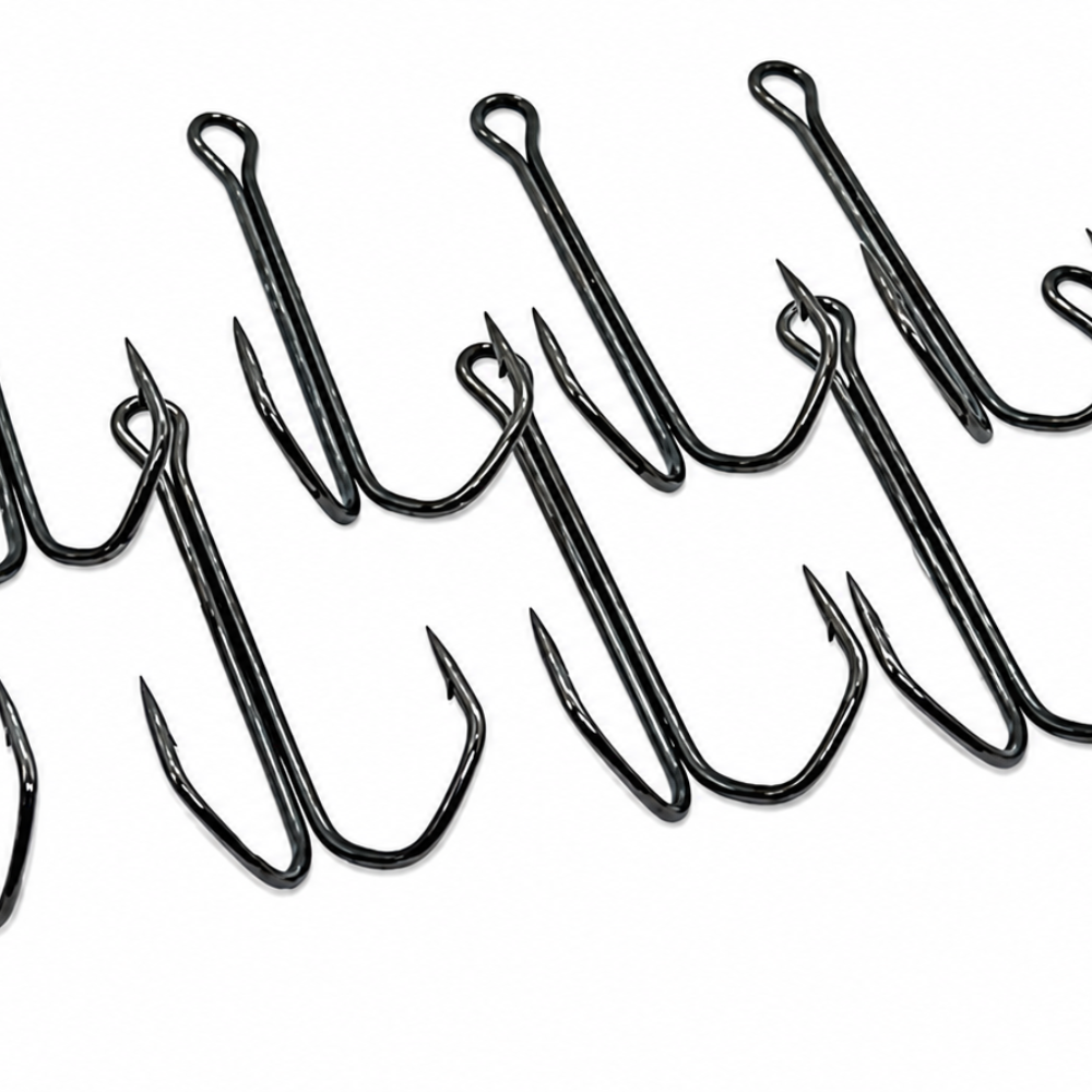 Tournament Barbarian Double Hooks DFB-23BN assortment of black double fishing hooks on white background