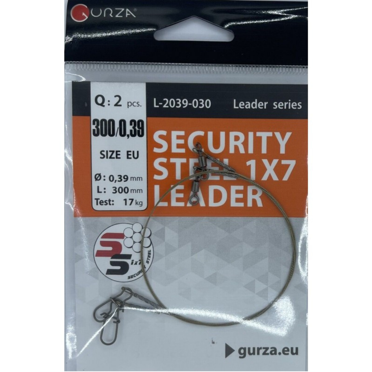 Security Steel 1x7 wire leaders, 11.81 in (300 mm), 0.0154 in (0.39 mm) diameter, 37.5 lb test, with snap and swivel in two-pack packaging.