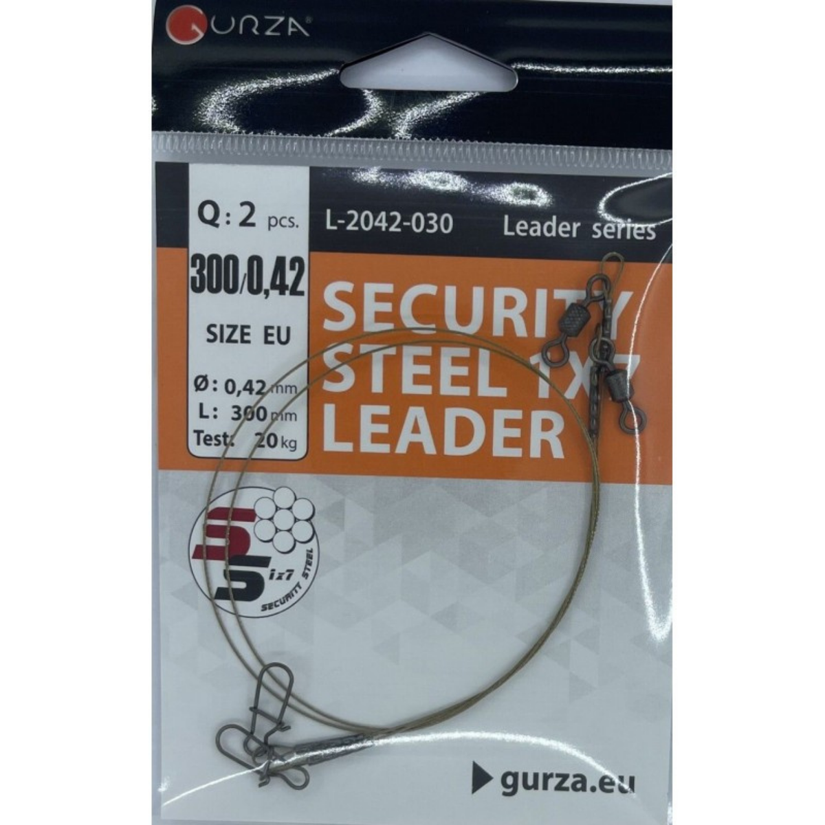 Security Steel 1x7 wire leaders, 11.81 in (300 mm), 0.0165 in (0.42 mm) diameter, 44.1 lb test, with snap and swivel in two-pack packaging.