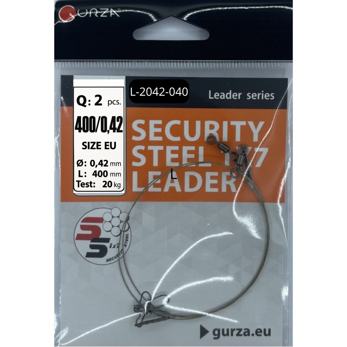 Security Steel 1x7 wire leaders, 15.75 in (400 mm), 0.0165 in (0.42 mm) diameter, 44.1 lb test, with snap and swivel in two-pack packaging.