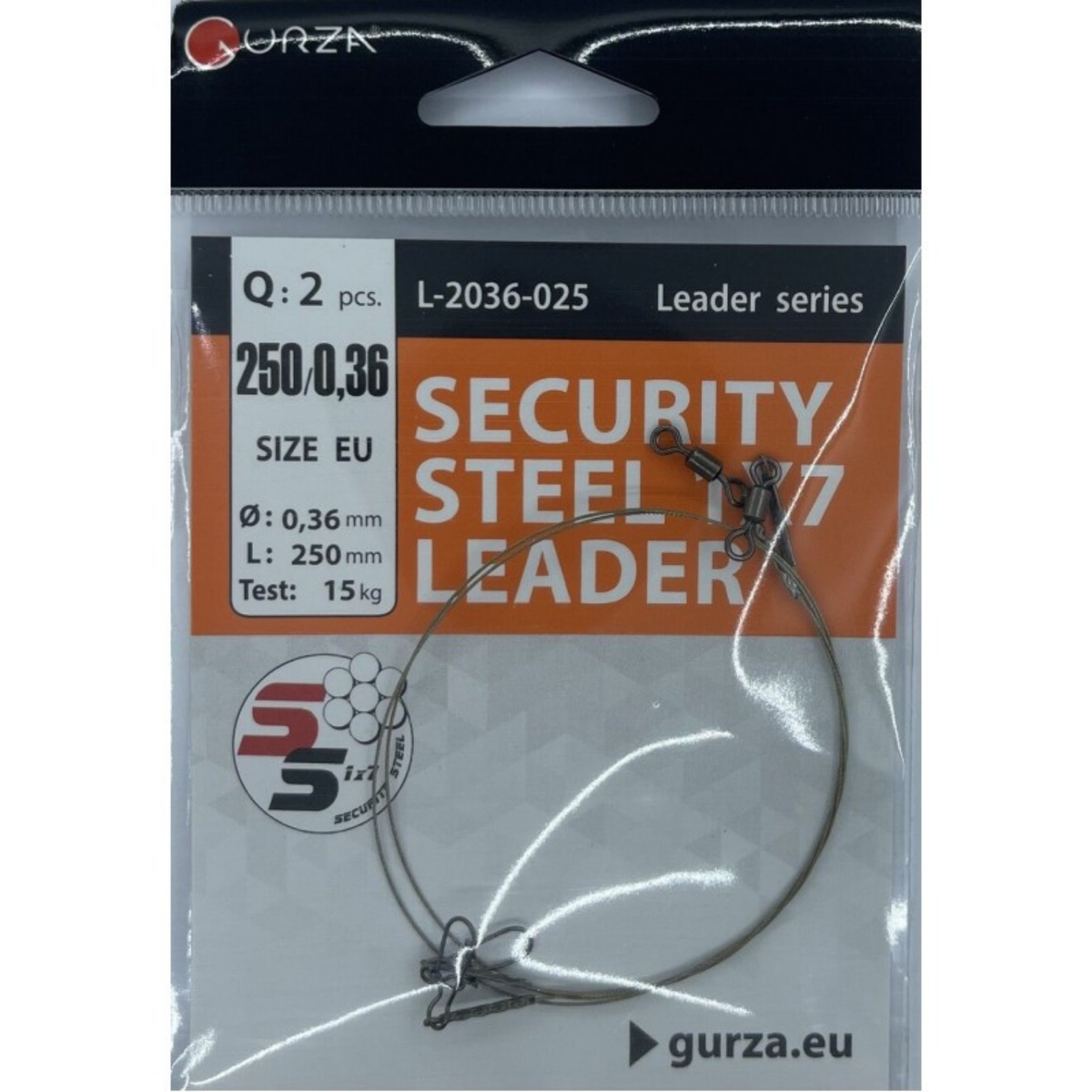 Security Steel 1x7 wire leaders, 9.84 in (250 mm), 0.0142 in (0.36 mm) diameter, 33.1 lb test, with snap and swivel in two-pack packaging.