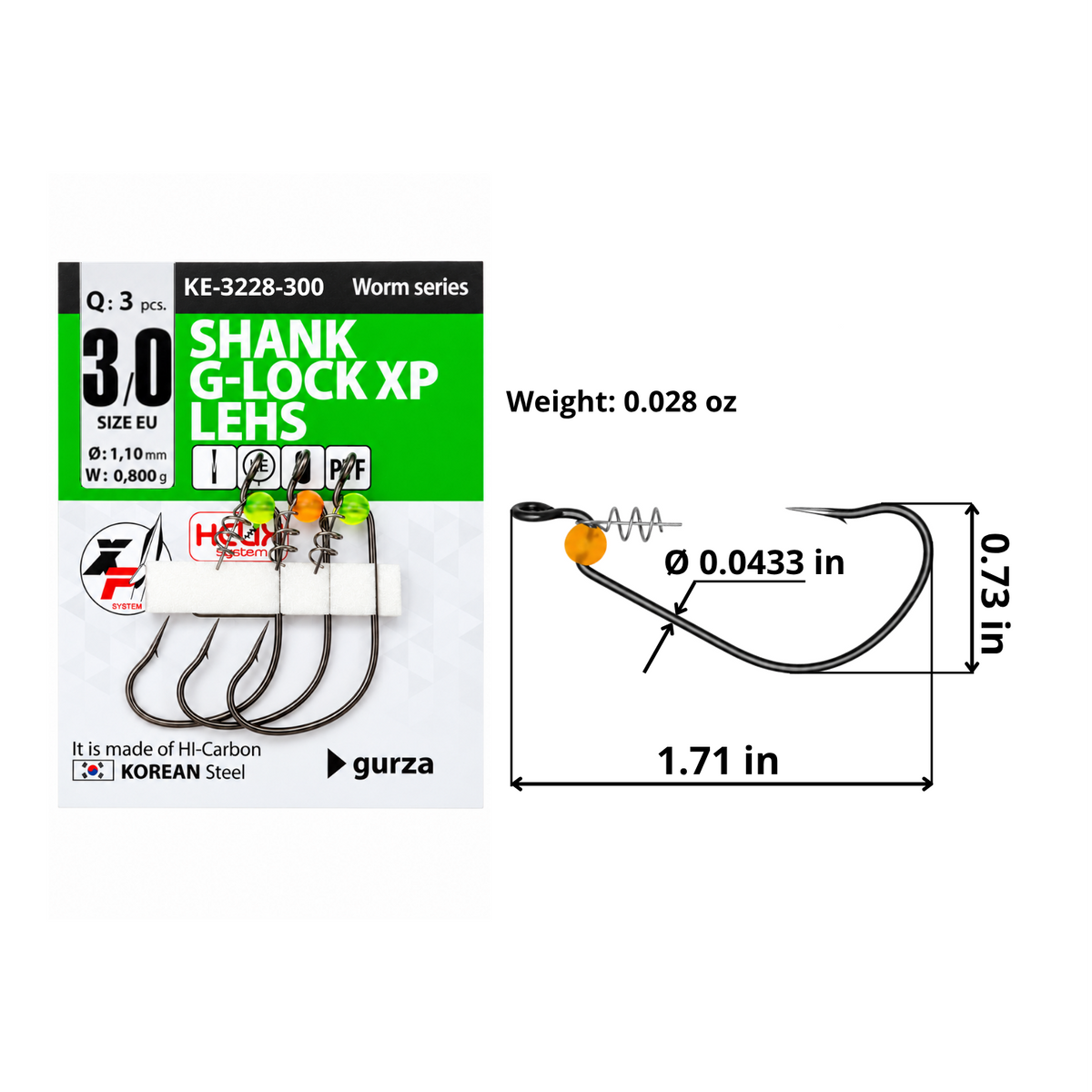 Shank G-Lock XP LEHS PTF size 3/0 offset hook with Helix keeper and fluorescent stopper bead, 3-count pack, 1.71 by 0.73 inches, 0.0433-inch wire diameter, and 0.028-ounce hook weight.