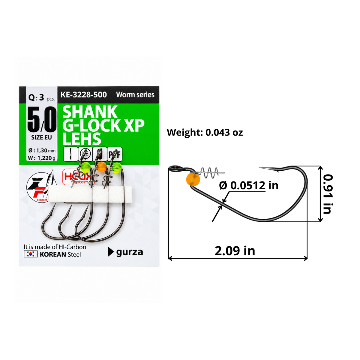 Shank G-Lock XP LEHS PTF size 5/0 offset hook with Helix keeper and fluorescent stopper bead, 3-count pack, 2.09 by 0.91 inches, 0.0512-inch wire diameter, and 0.043-ounce hook weight.