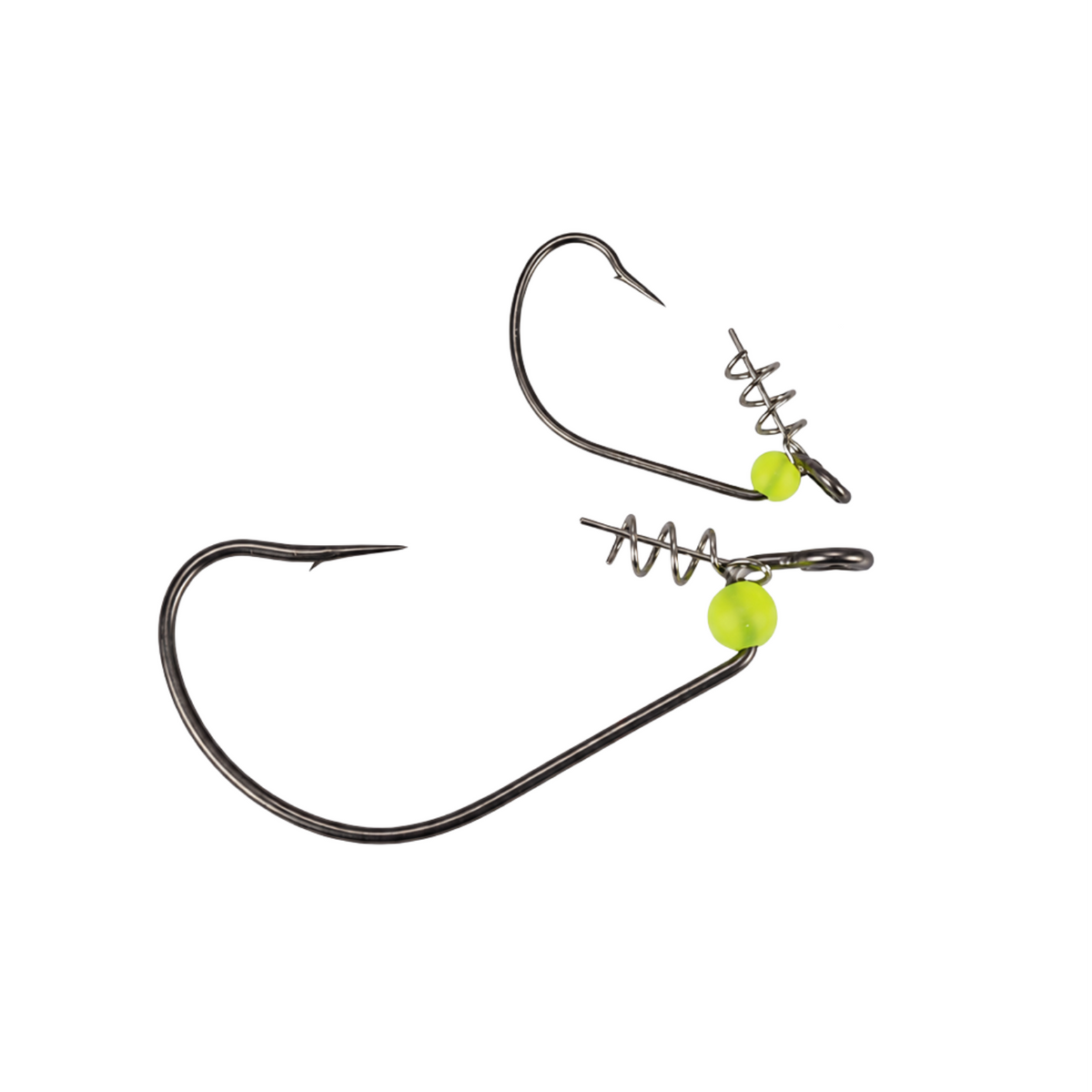 Two views of Shank G-Lock XP LEHS PTF offset hooks showing Helix screw-lock keepers, fluorescent chartreuse stopper beads, and curved hook points.