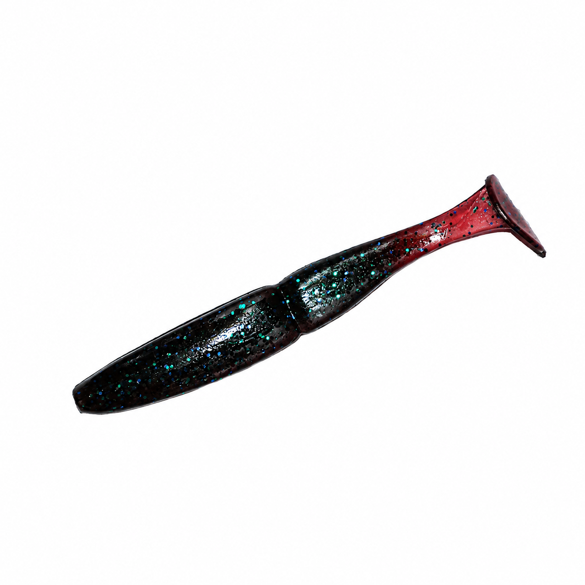 Intech Slim Shad 2.5-inch paddle tail swimbait in Black Red Tail, showing a black body with glitter and a red paddle tail.