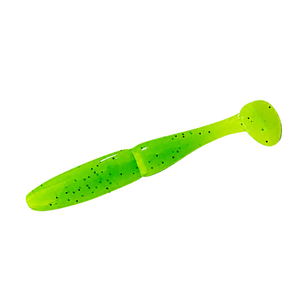 Intech Slim Shad 2.5-inch paddle tail swimbait in Chartreuse Pepper, showing its slim body and paddle tail on a white background.