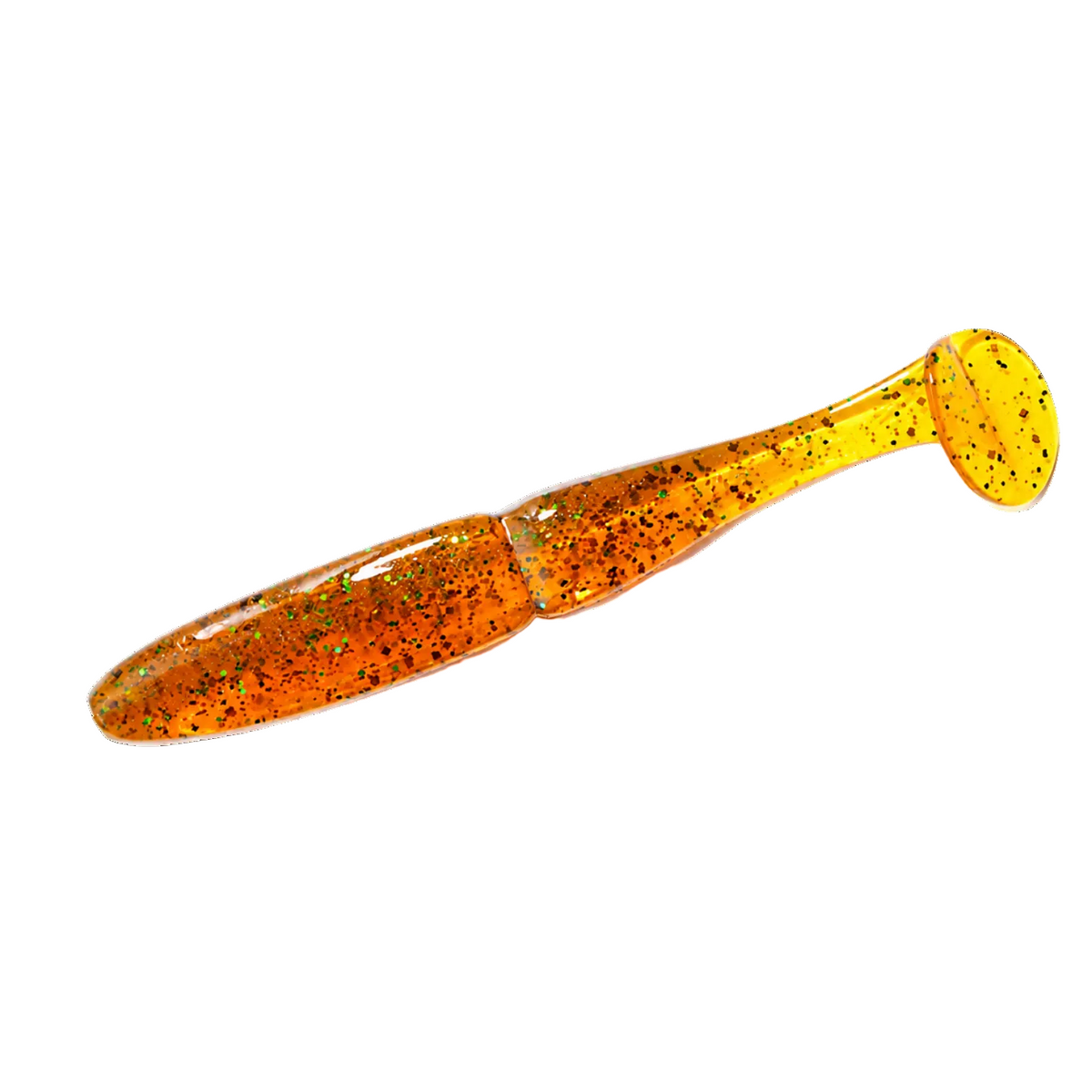 Intech Slim Shad 2.5-inch paddle tail swimbait in Motor Oil, showing a translucent amber body with dark flakes, green glitter and a round paddle tail.