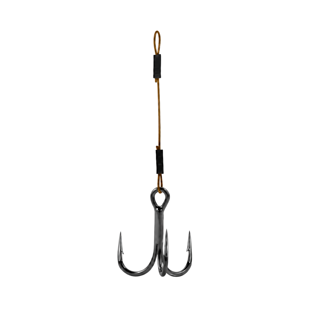 Close-up of a Black Nickel ST-36 treble hook attached to a steel wire stinger leader with a connection loop.