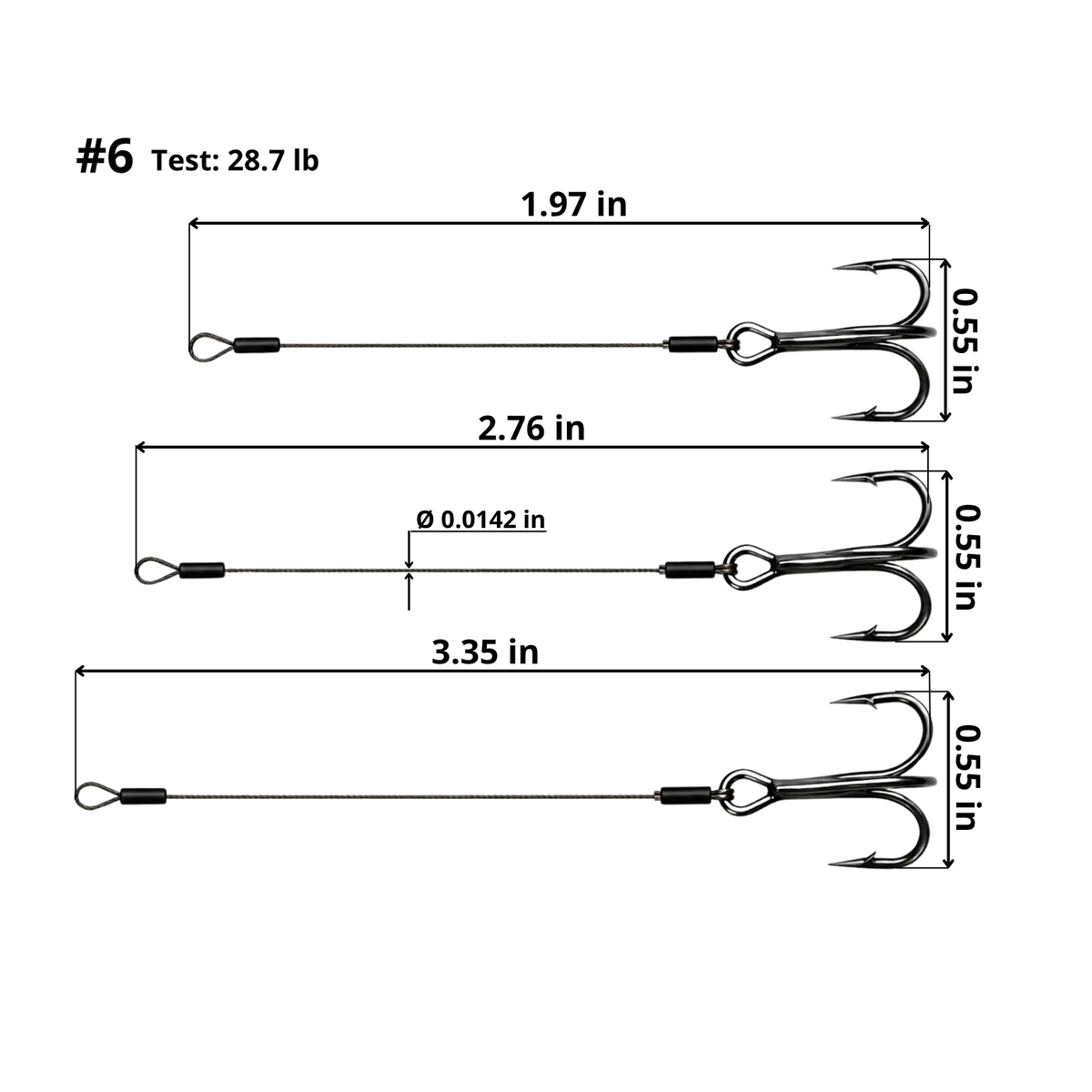 ST-36 size 6 Black Nickel stinger rig dimensions showing three leader lengths, 0.0142-inch steel wire, 28.7 lb test and 0.55-inch treble hook width.