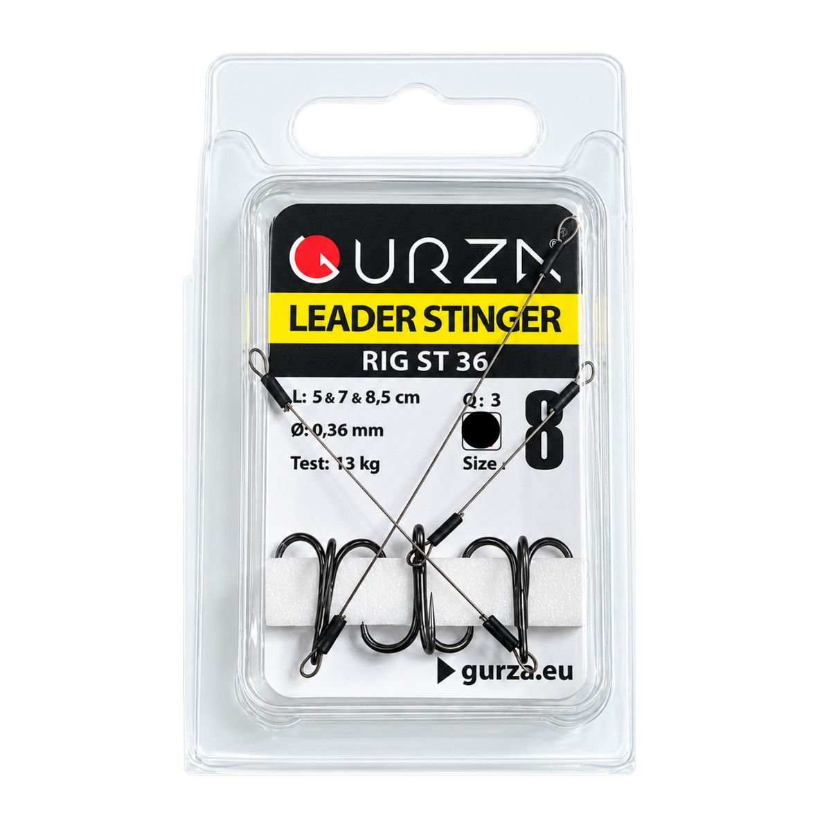 ST-36 size 8 Black Nickel treble hook stinger rigs in retail packaging, three steel wire leaders measuring 1.97, 2.76 and 3.35 inches.