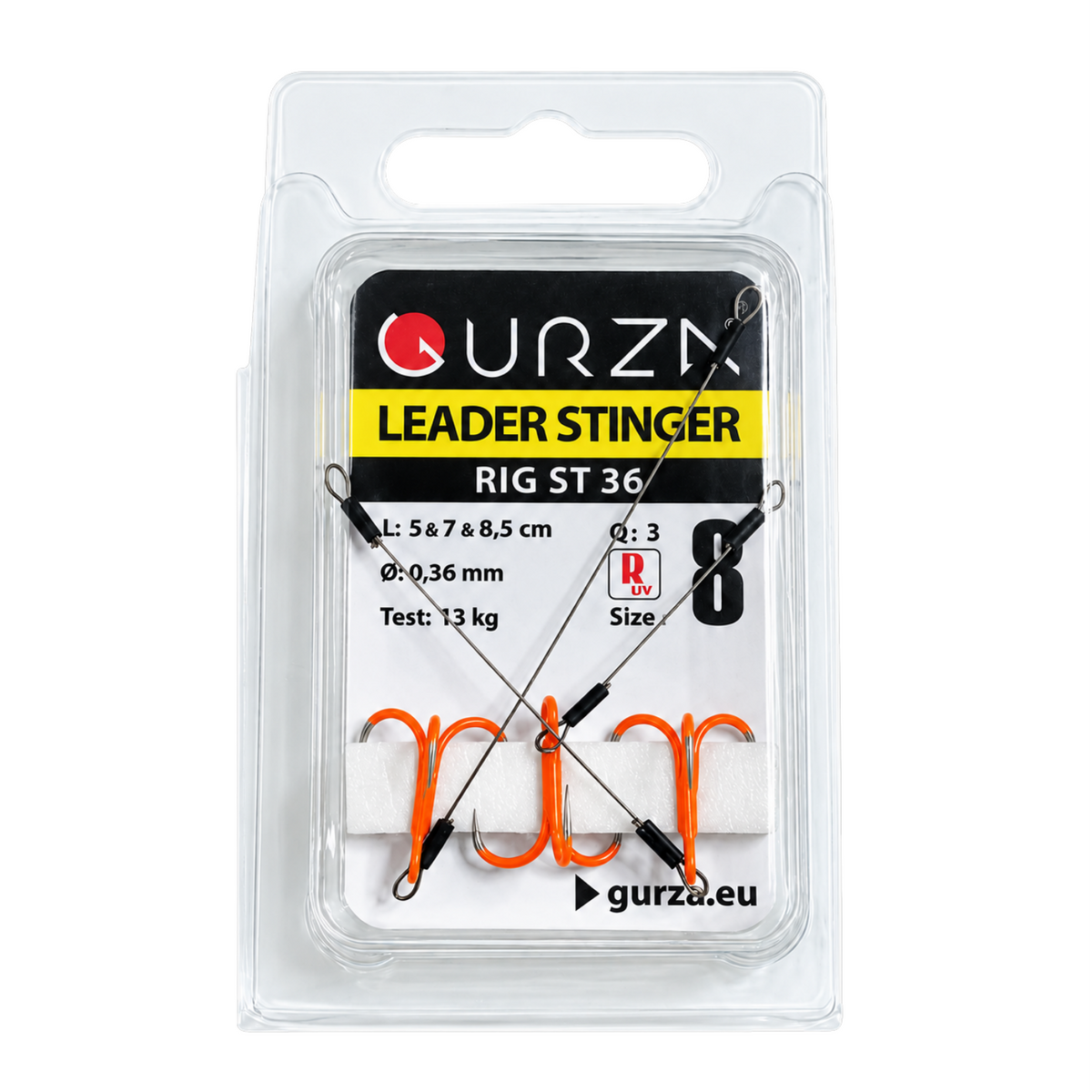 ST-36 size 8 UV Orange treble hook stinger rigs in retail packaging, three preassembled steel wire leaders in different lengths.