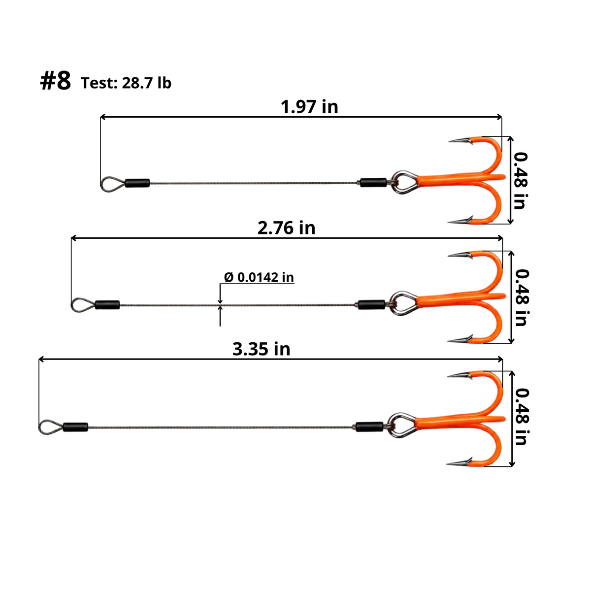 ST-36 size 8 UV Orange stinger rig dimensions showing three leader lengths, 0.0142-inch steel wire, 28.7 lb test and 0.48-inch treble hook width.