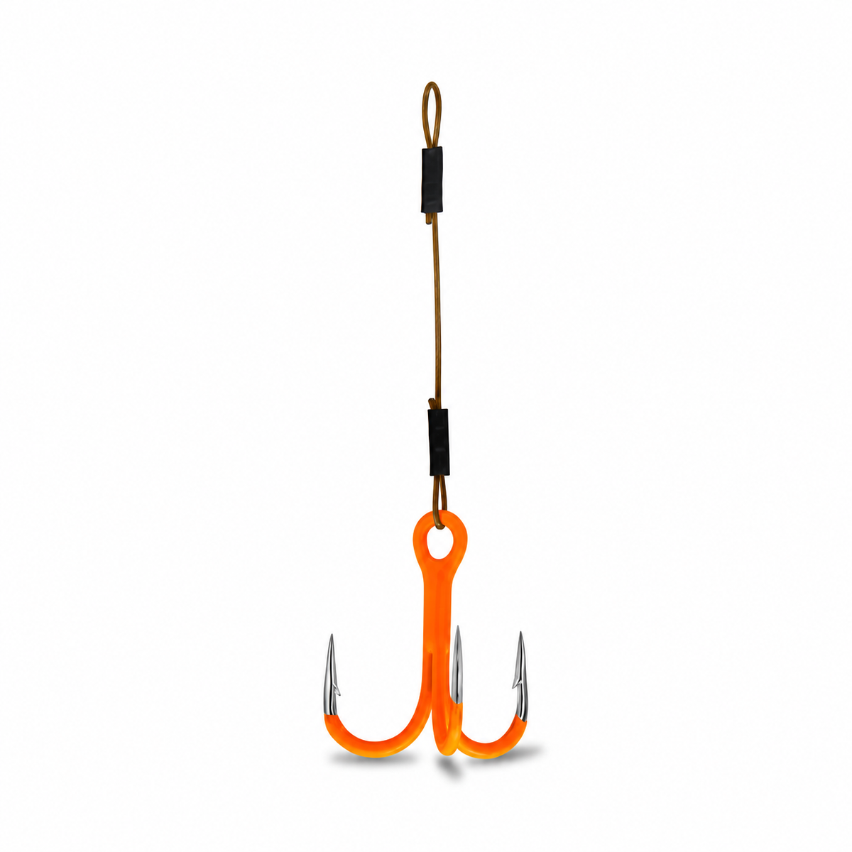 Close-up of a UV Orange ST-36 treble hook with a preassembled steel wire leader and connection loop for soft plastic bait rigging.
