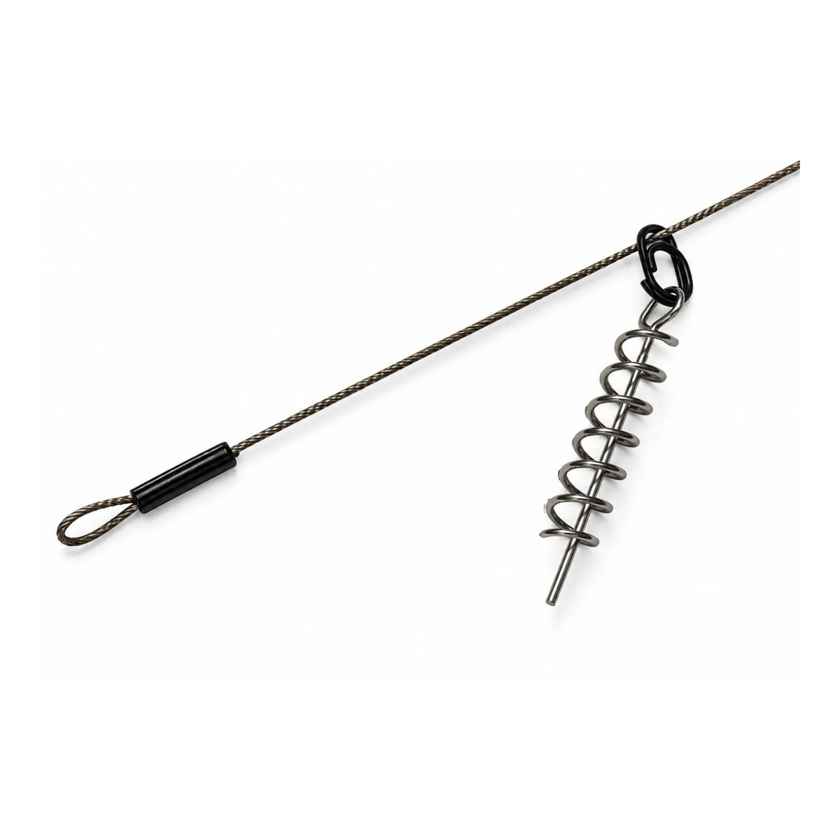 Close-up of the ST36 duo rig leader section with a connection loop and spring keeper attached on a ring.