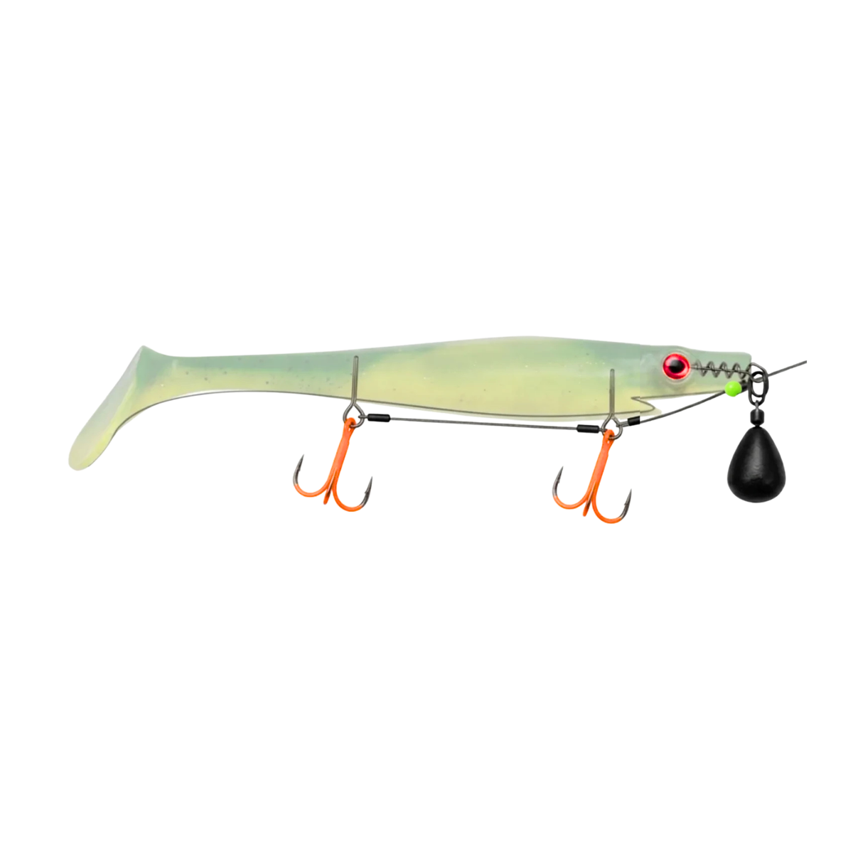 Assembled ST36 duo pike rig shown inside a soft plastic swimbait with a weight attached.