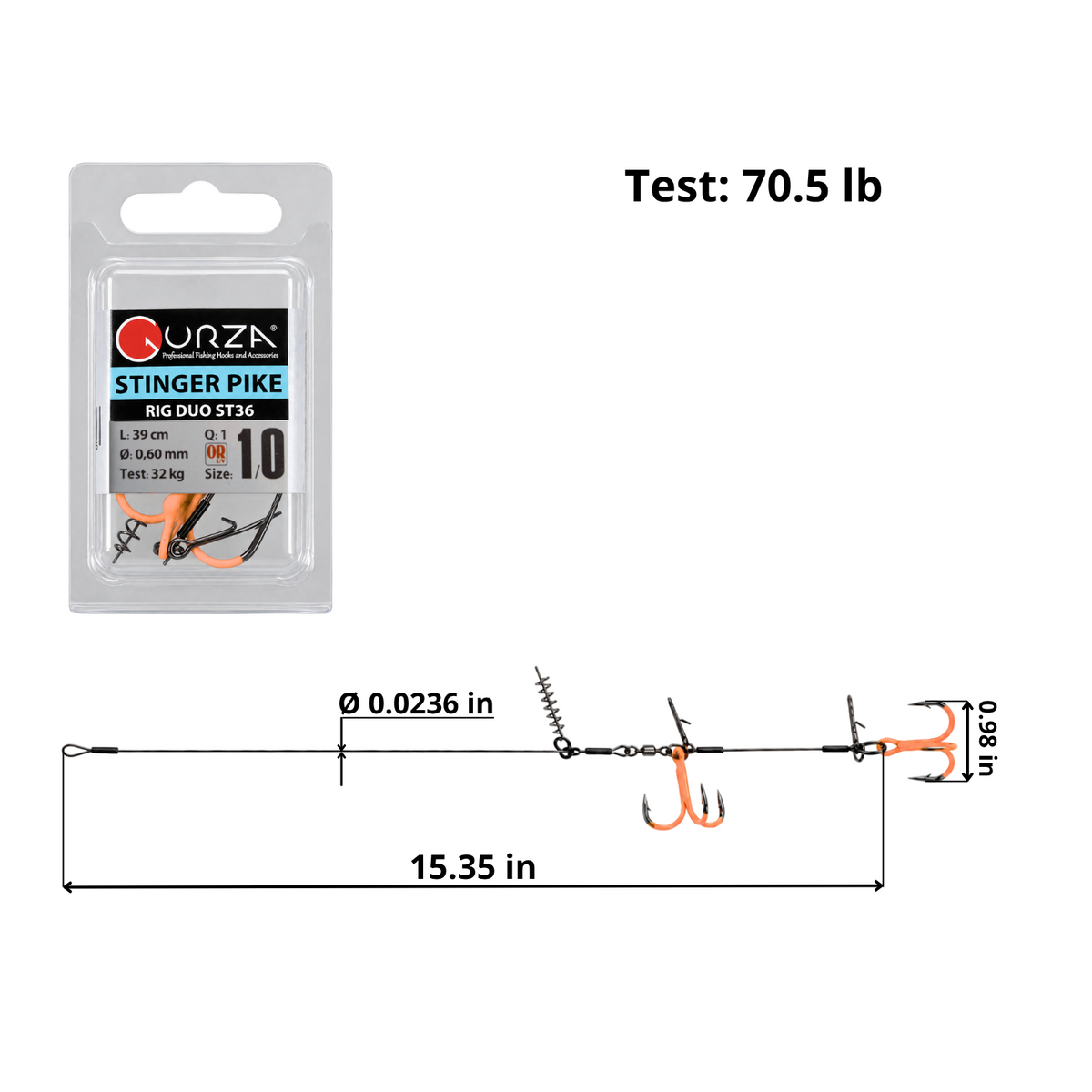 ST36 pike stinger rig with two size 1/0 UV Orange treble hooks, 15.35 in length and screw-lock keeper.