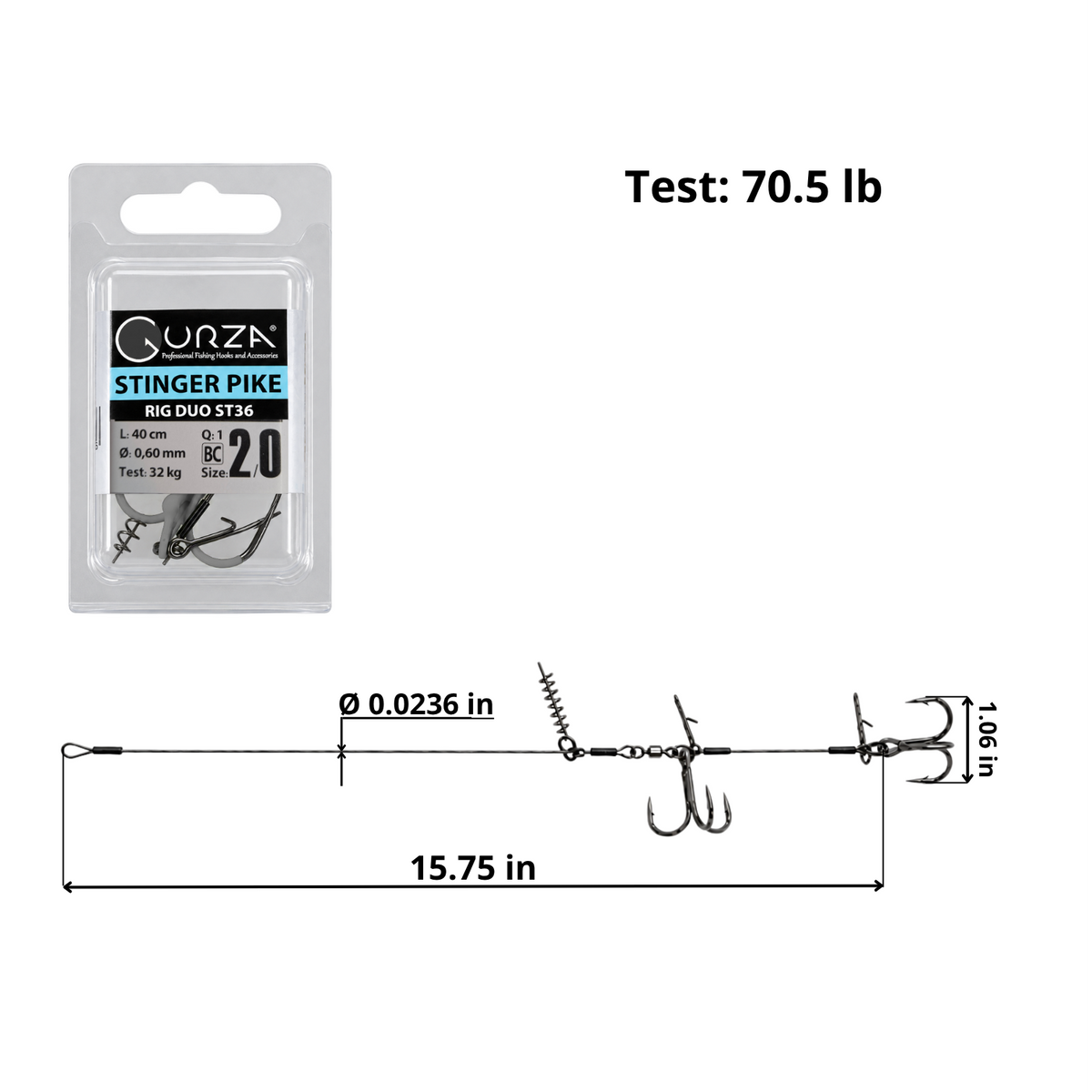 ST36 dual treble pike harness, size 2/0 Black Nickel hooks, 15.75 in overall length.