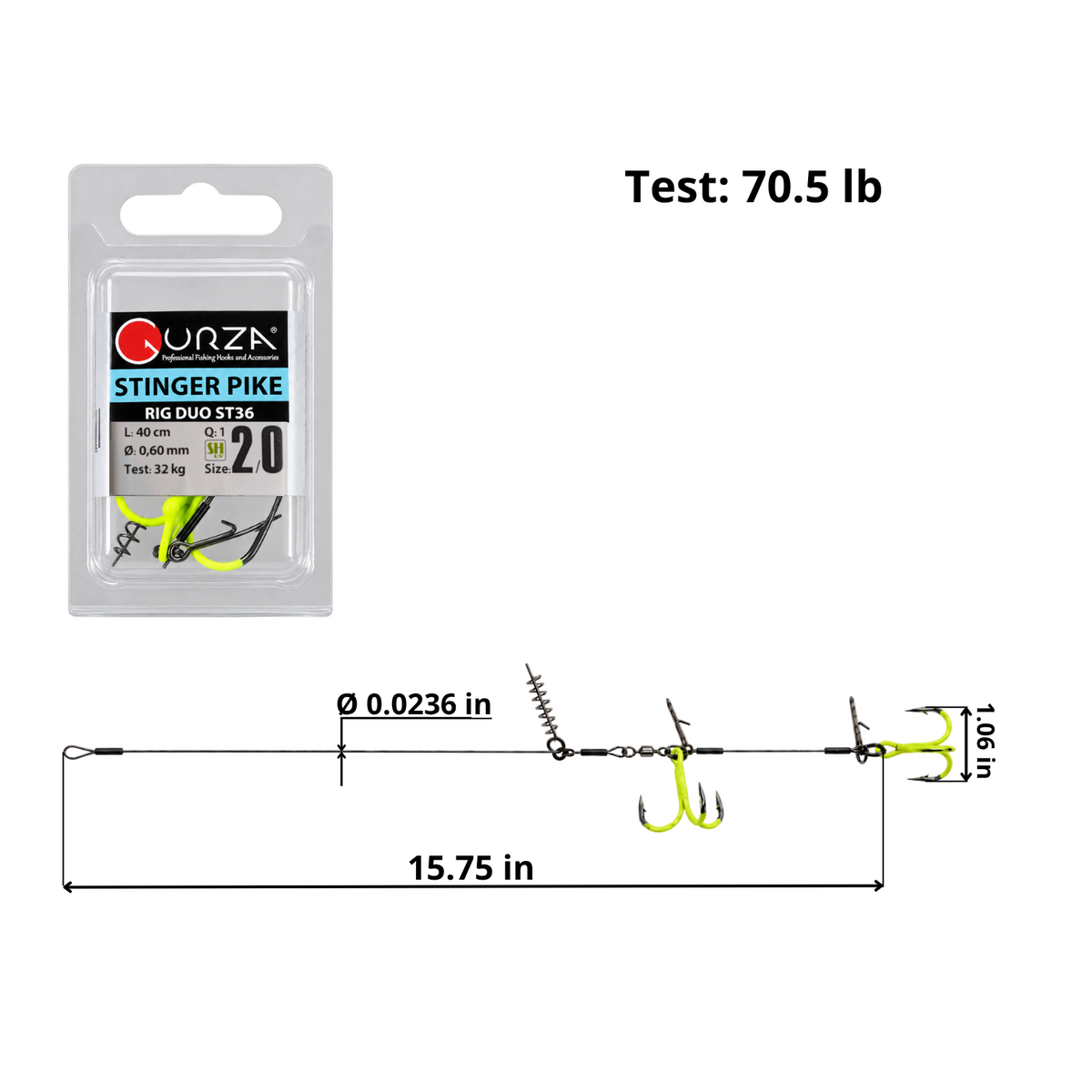 ST36 pike stinger rig, size 2/0 UV Chartreuse treble hooks, 15.75 in length with spring keeper.