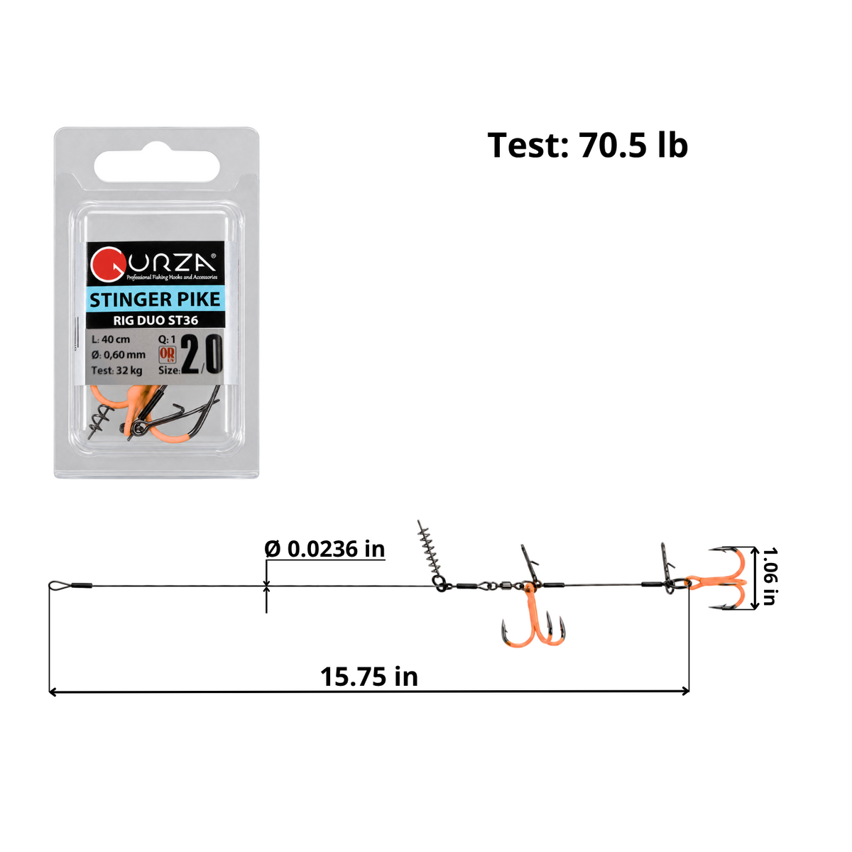 ST36 dual treble pike harness, size 2/0 UV Orange hooks, 15.75 in overall length.