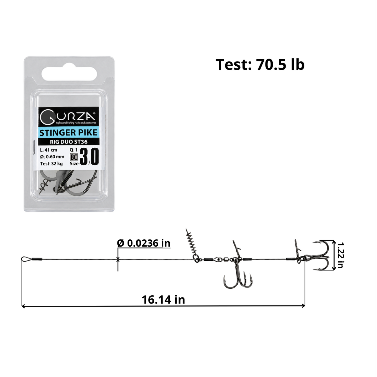 ST36 dual treble pike rig, size 3/0 Black Nickel hooks, 16.14 in length and steel wire leader.