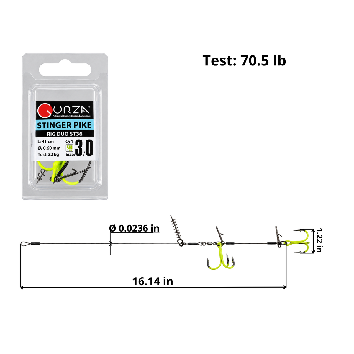 ST36 dual treble pike rig, size 3/0 UV Chartreuse hooks, 16.14 in length with screw-lock keeper.