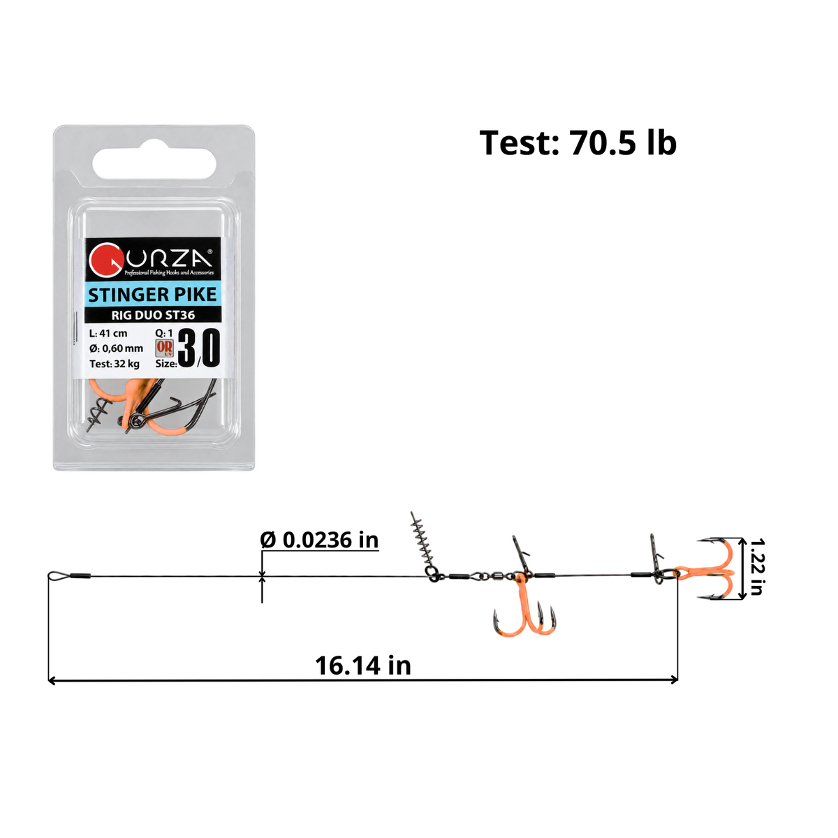 ST36 dual treble pike rig, size 3/0 UV Orange hooks, 16.14 in length and steel wire leader.