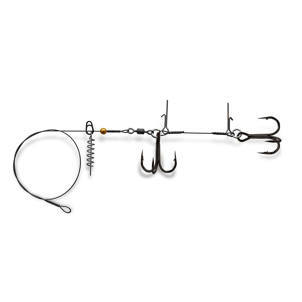 Stinger Pike Rig Duo ST36 with two black treble hooks, screw-lock bait keeper, bait pins, and wire leader.