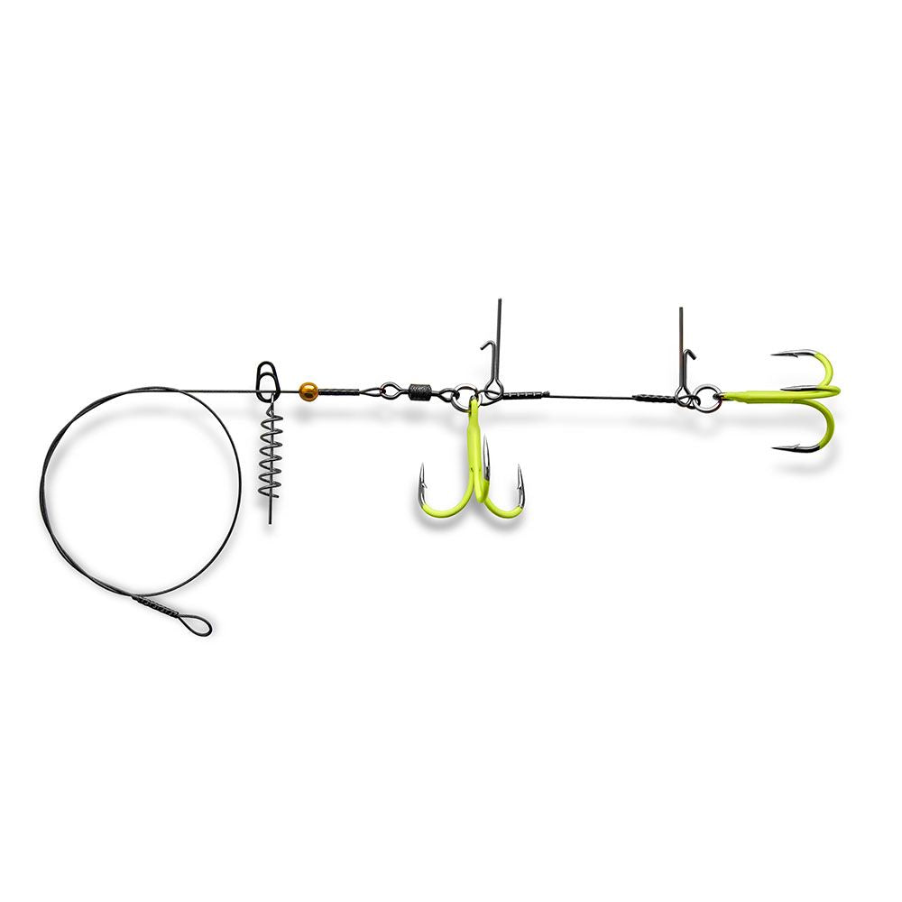 Stinger Pike Rig Duo ST36 with two UV chartreuse treble hooks, screw-lock bait keeper, bait pins, and wire leader.