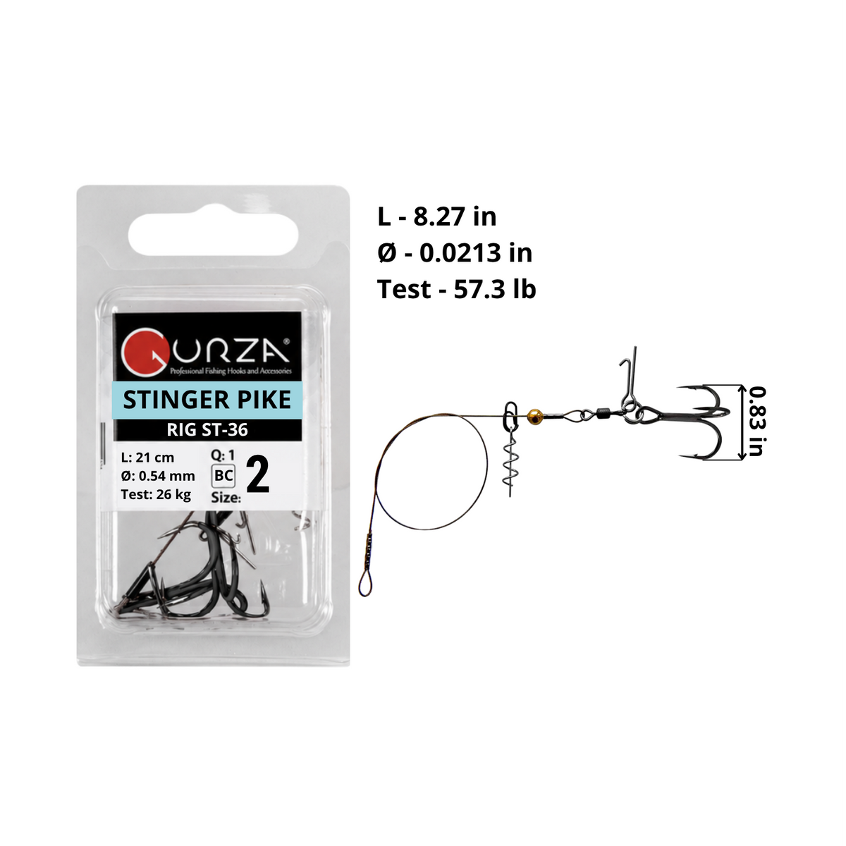 Stinger Pike Rig ST36 size 2 Black Nickel, one rig per pack. Diagram shows 8.27 in rig length, 0.0213 in wire diameter, 57.3 lb test, and 0.83 in treble hook width, with spring keeper and bait pin.