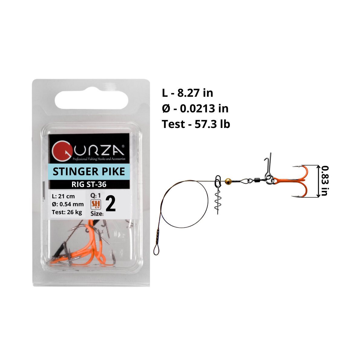 Stinger Pike Rig ST36 size 2 UV Orange, one rig per pack. Diagram shows 8.27 in rig length, 0.0213 in wire diameter, 57.3 lb test, and 0.83 in treble hook width, with spring keeper and bait pin.