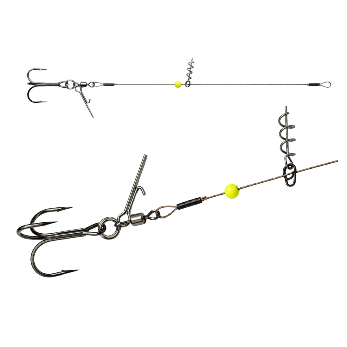 Stinger Pike Rig ST36 with a Black Nickel treble hook, shown as a complete steel wire rig with close-ups of the spring keeper, bead, swivel, and bait pin.