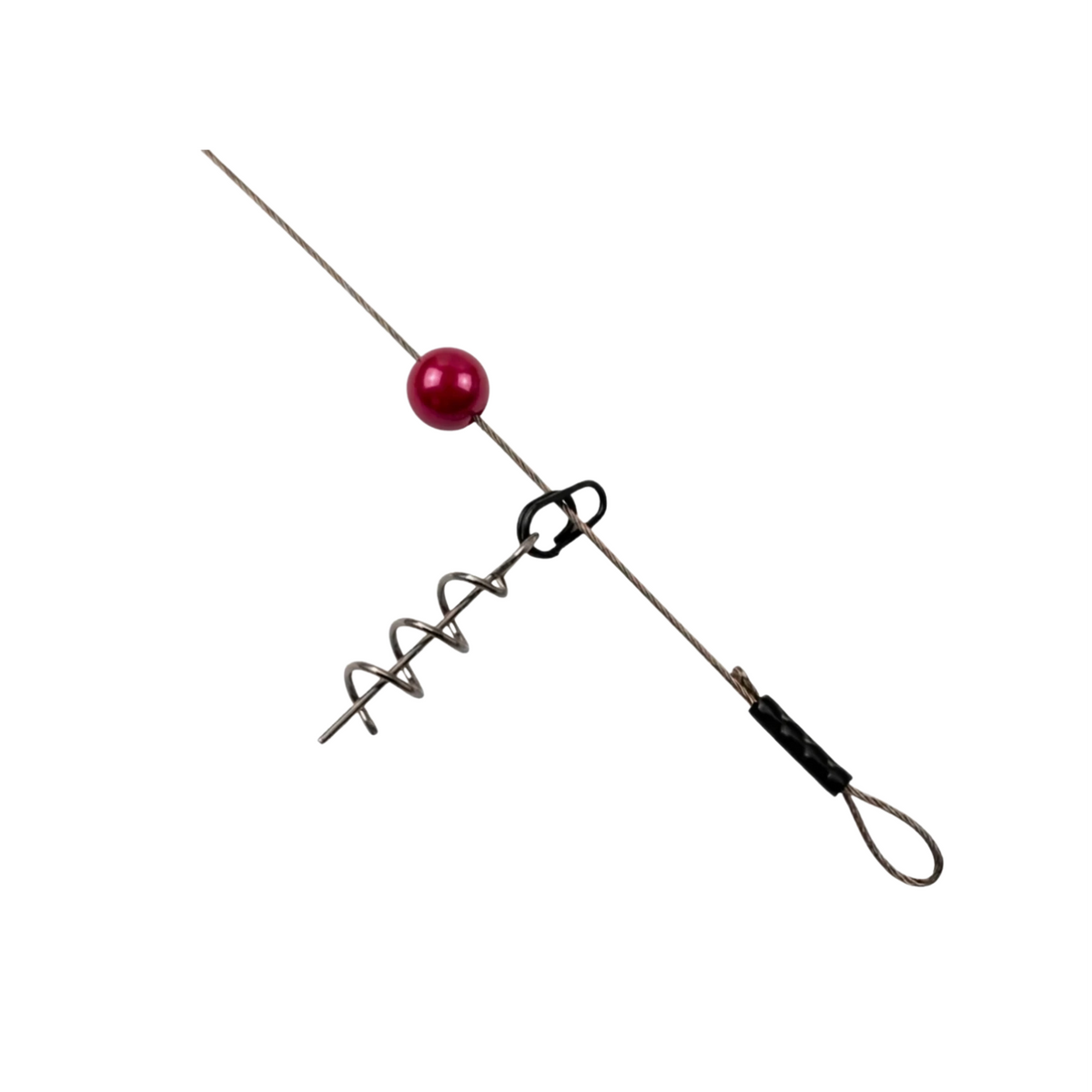 Close-up of the Stinger Pike Rig ST36 screw-lock spring keeper attached to the steel wire leader, with a red bead and crimped connection loop.