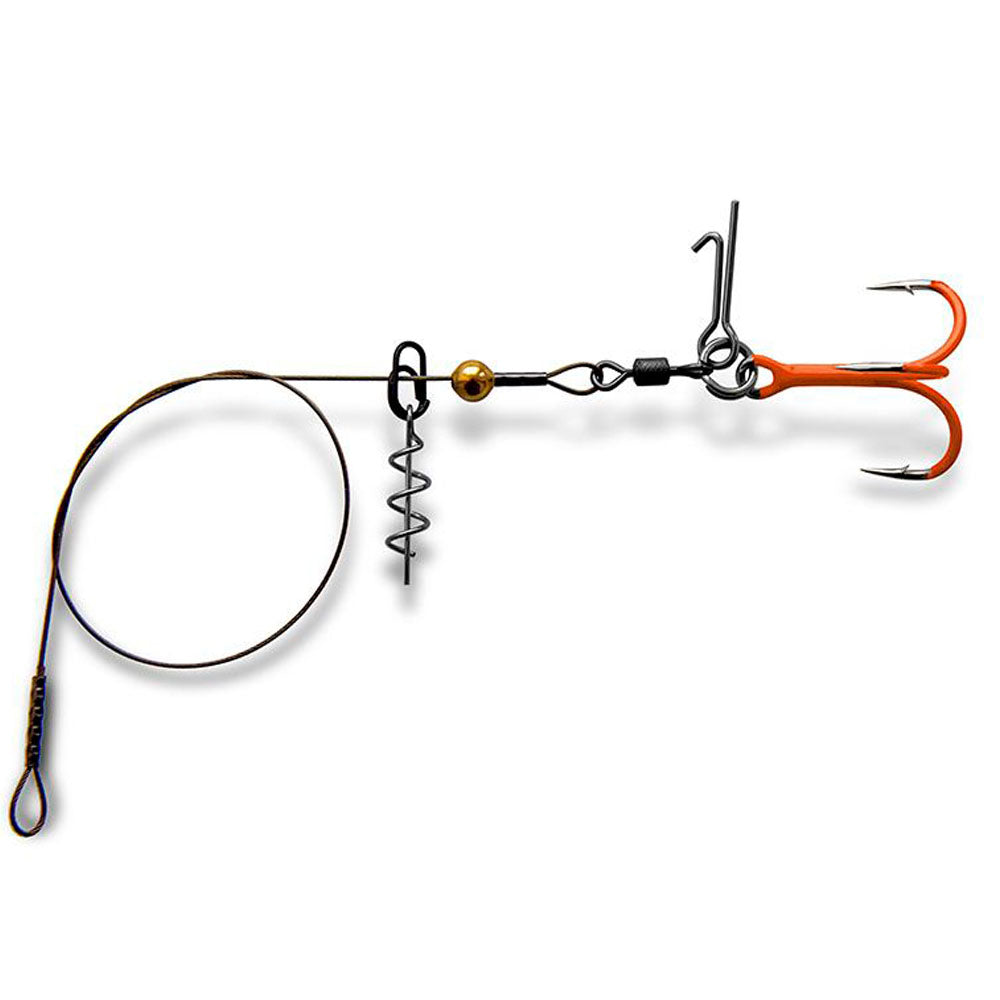 Single ST36 pike stinger rig with UV Orange treble hook, screw-lock spring keeper, bait pin, steel wire leader and connection loop.