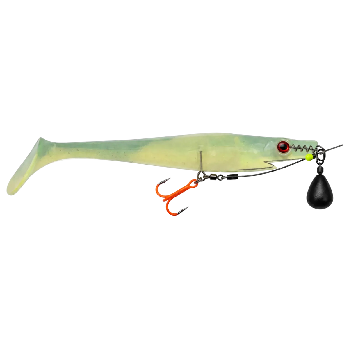 Stinger Pike Rig ST36 with a UV Orange treble hook, shown rigged beneath a soft plastic swimbait with a screw-lock keeper and a separate weight at the nose.
