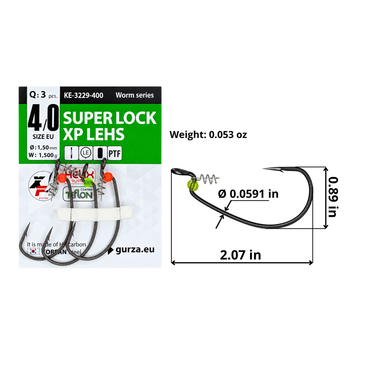 Super Lock XP LEHS PTF size 4/0 offset hook with Helix keeper and fluorescent stopper bead, 3-count pack, 2.07 by 0.89 inches, 0.0591-inch wire diameter, and 0.053-ounce hook weight.
