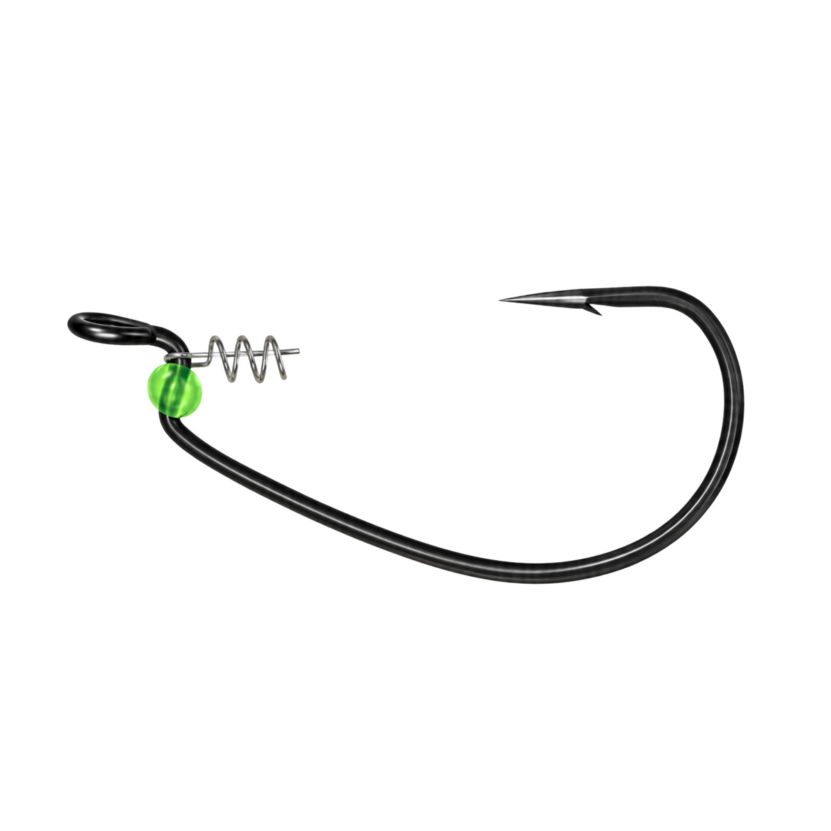 Close-up of a Super Lock XP LEHS PTF offset hook showing the Helix screw-lock keeper, fluorescent green stopper bead, enlarged eye, and hook point.