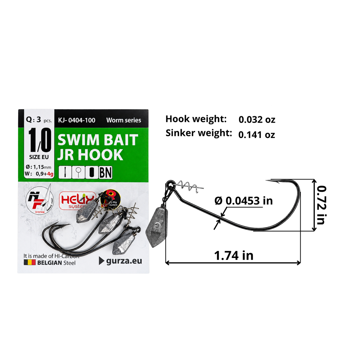 Swim Bait JR size 1/0 hook with spring keeper and separate sinker, 3-count pack. Hook: 1.74 by 0.72 inches, 0.0453-inch wire, 0.032 oz. Sinker: 0.141 oz.