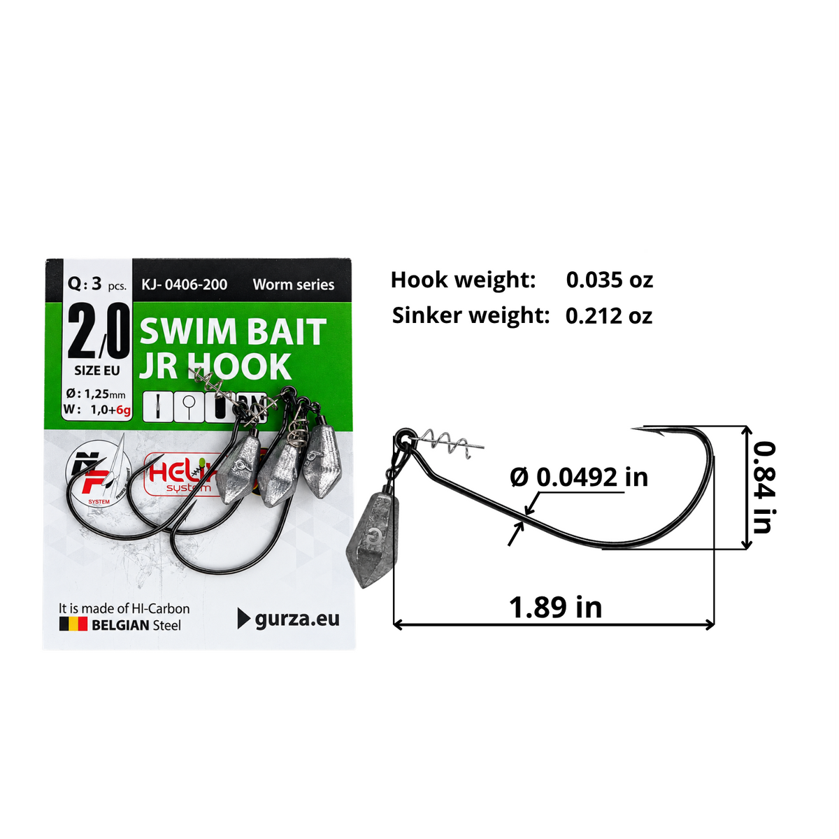 Swim Bait JR size 2/0 hook with spring keeper and separate sinker, 3-count pack. Hook: 1.89 by 0.84 inches, 0.0492-inch wire, 0.035 oz. Sinker: 0.212 oz.