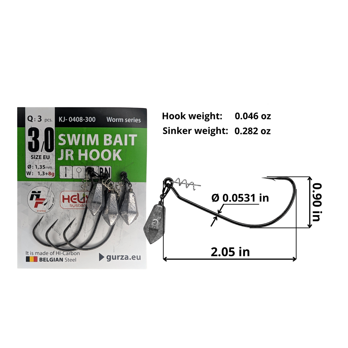 Swim Bait JR size 3/0 hook with spring keeper and separate sinker, 3-count pack. Hook: 2.05 by 0.90 inches, 0.0531-inch wire, 0.046 oz. Sinker: 0.282 oz.