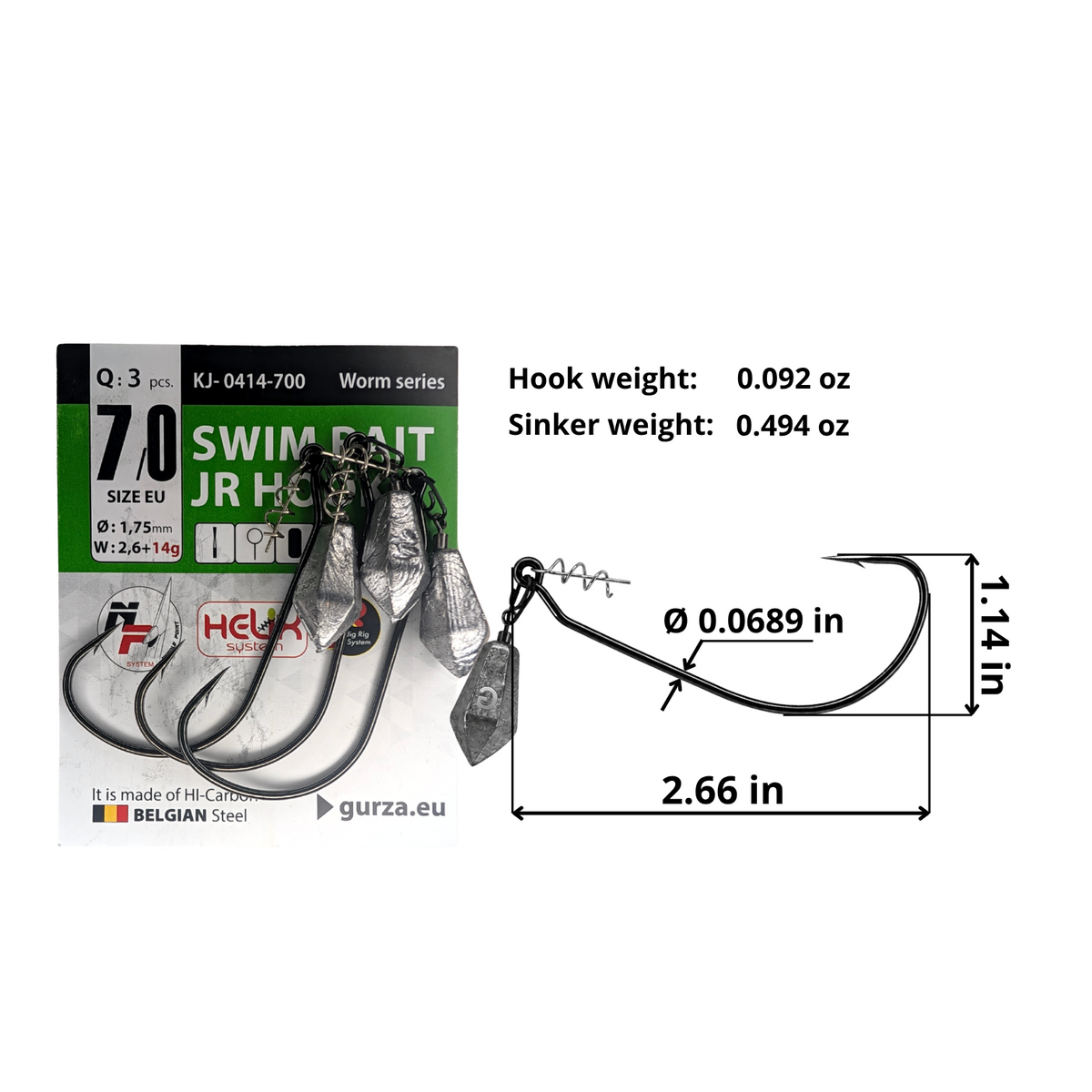 Swim Bait JR size 7/0 hook with spring keeper and separate sinker, 3-count pack. Hook: 2.66 by 1.14 inches, 0.0689-inch wire, 0.092 oz. Sinker: 0.494 oz.