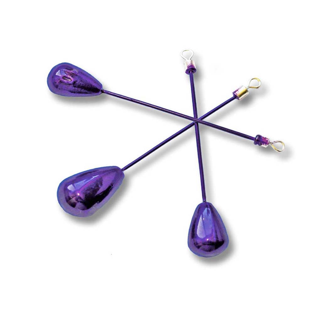 Three purple Tokyo Rig weights with wire stems for soft plastic bottom-contact rigs.